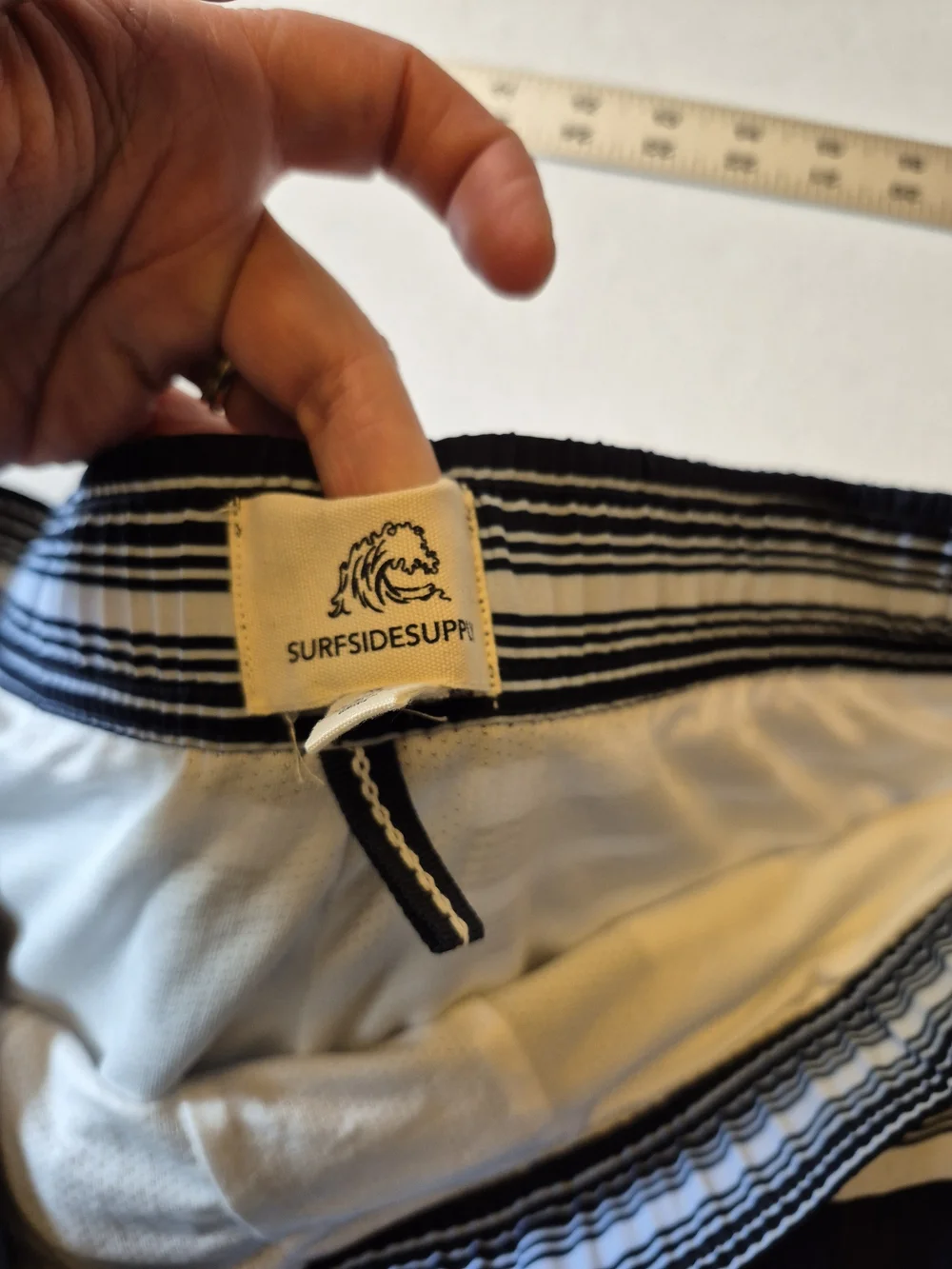 Surfside Supply Navy and White Striped Swim Trunks